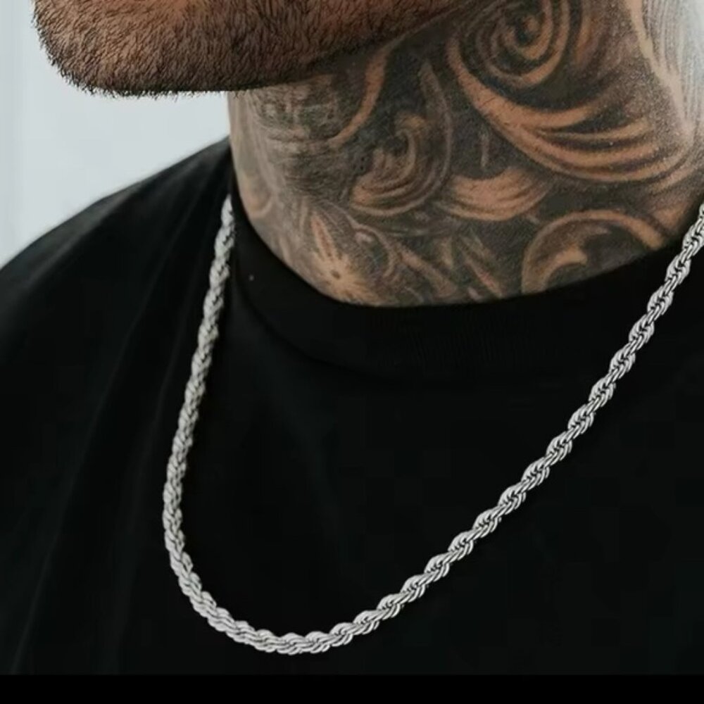 Men Ropes Long Silver Stainless Steel Minimalist Twist Rope Chain Necklace